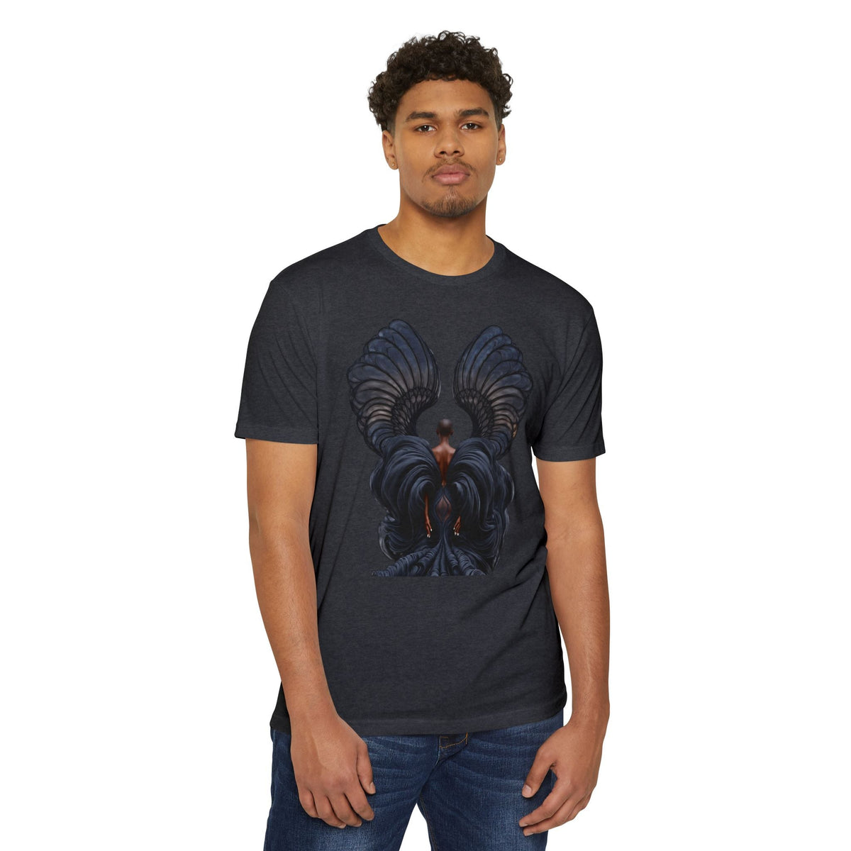 A man wearing a PURETE charcoal grey CVC jersey t-shirt featuring a detailed dark angel wing graphic on the chest.