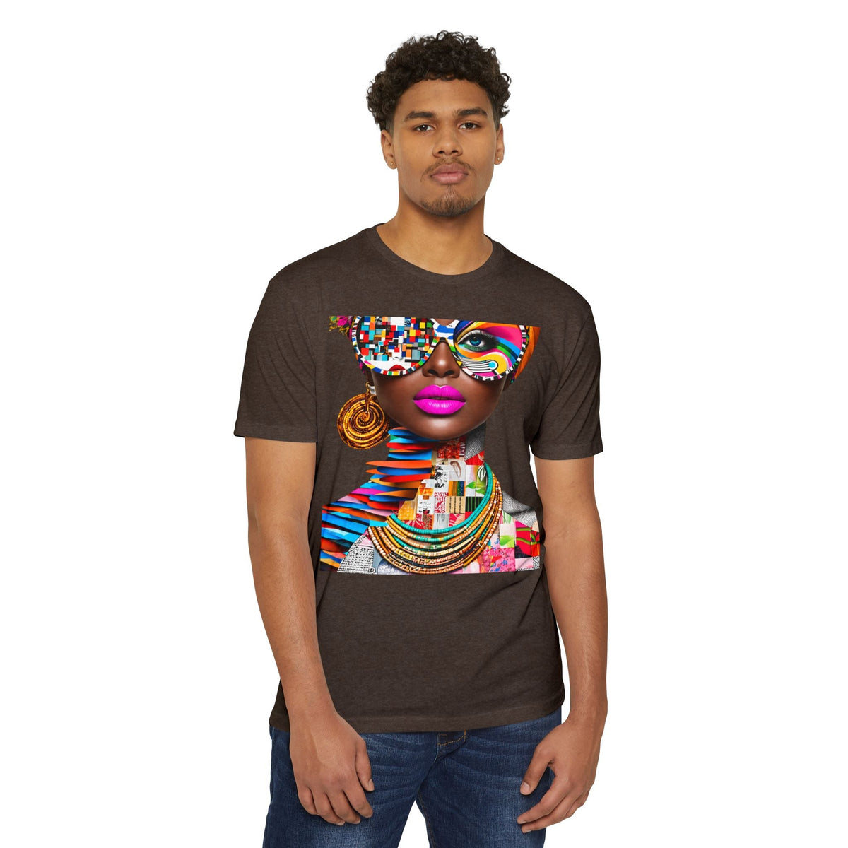 PURETE unisex dark grey CVC jersey t-shirt featuring a vibrant artistic graphic print of a woman wearing glasses