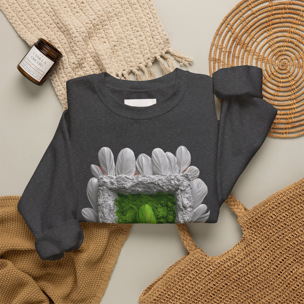 PURETE dark grey crewneck sweatshirt featuring a green portal graphic framed by white feathers on a neutral background