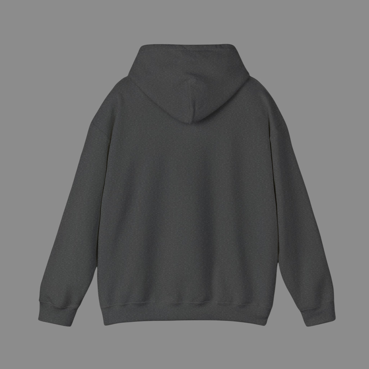 Back view of a PURETE unisex dark grey heavy blend hooded sweatshirt with a double-lined hood and ribbed hem.