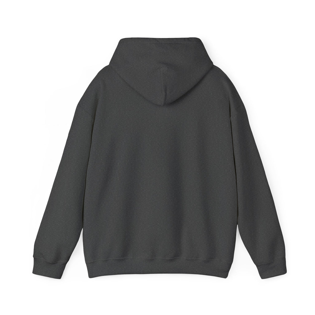 Back view of a PURETE dark grey cotton-polyester blend hoodie with a double-lined hood and long sleeves.