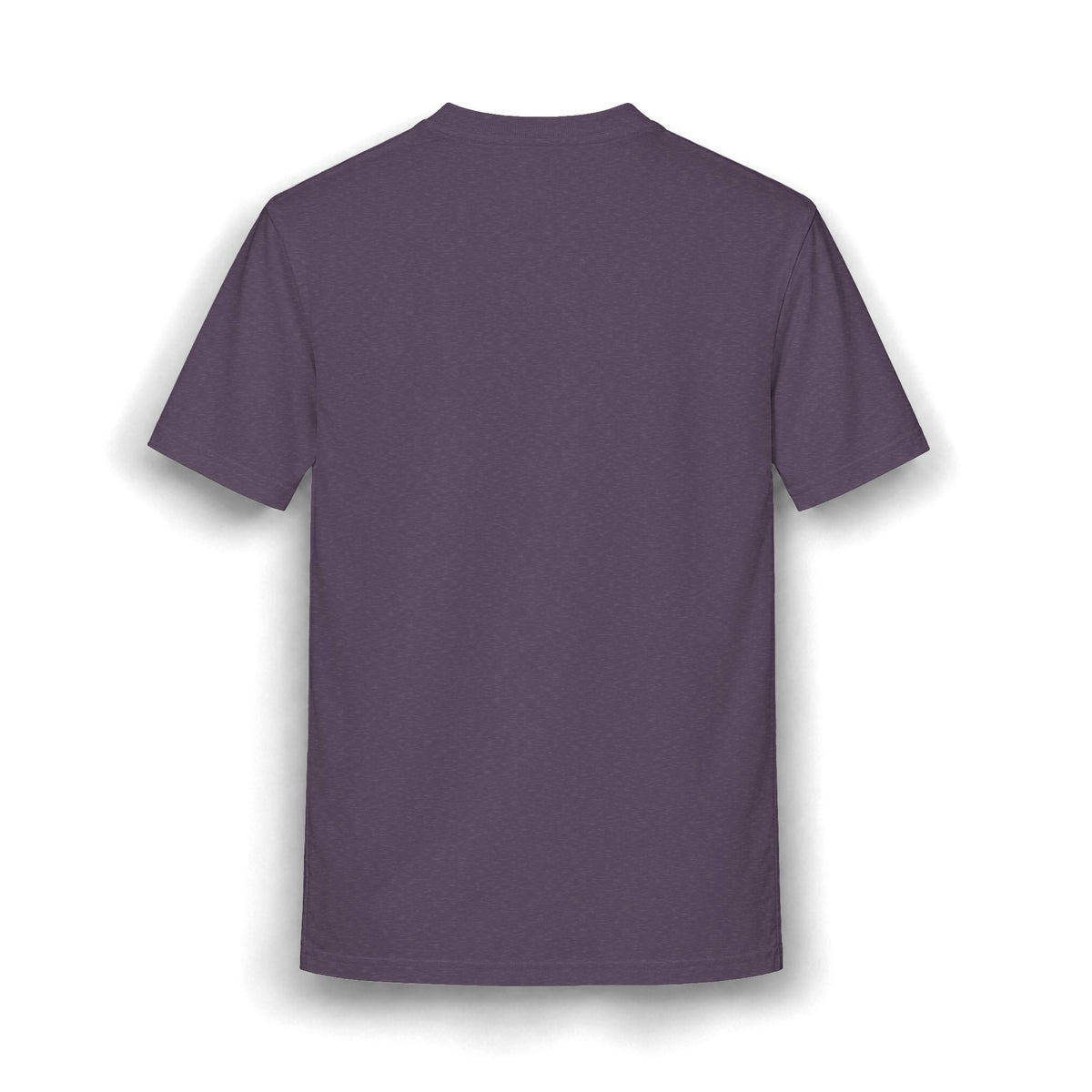 PURETE dark purple heathered cotton blend t-shirt, back view of a relaxed fit crew neck tee.