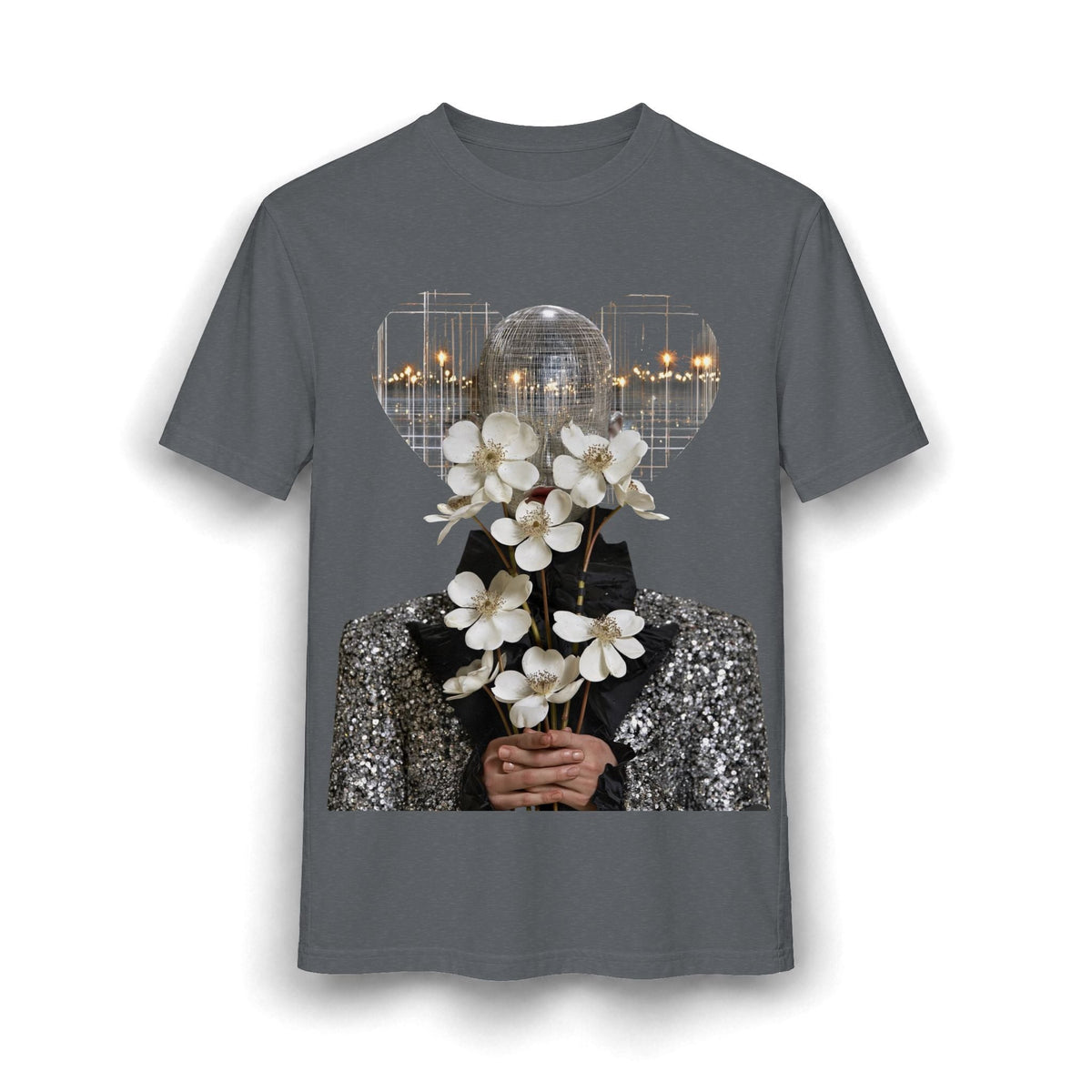 PURETE charcoal grey cotton-blend t-shirt featuring a graphic of a disco ball head holding white floral blossoms.