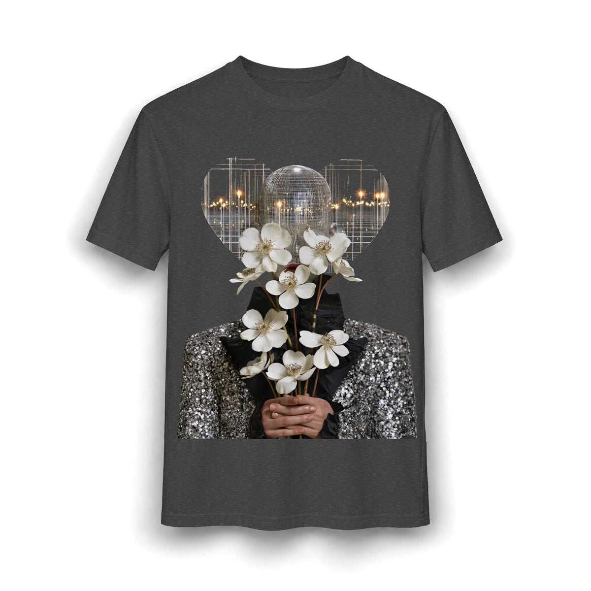 PURETE charcoal grey relaxed-fit cotton blend t-shirt featuring a disco ball head and white floral bouquet graphic.