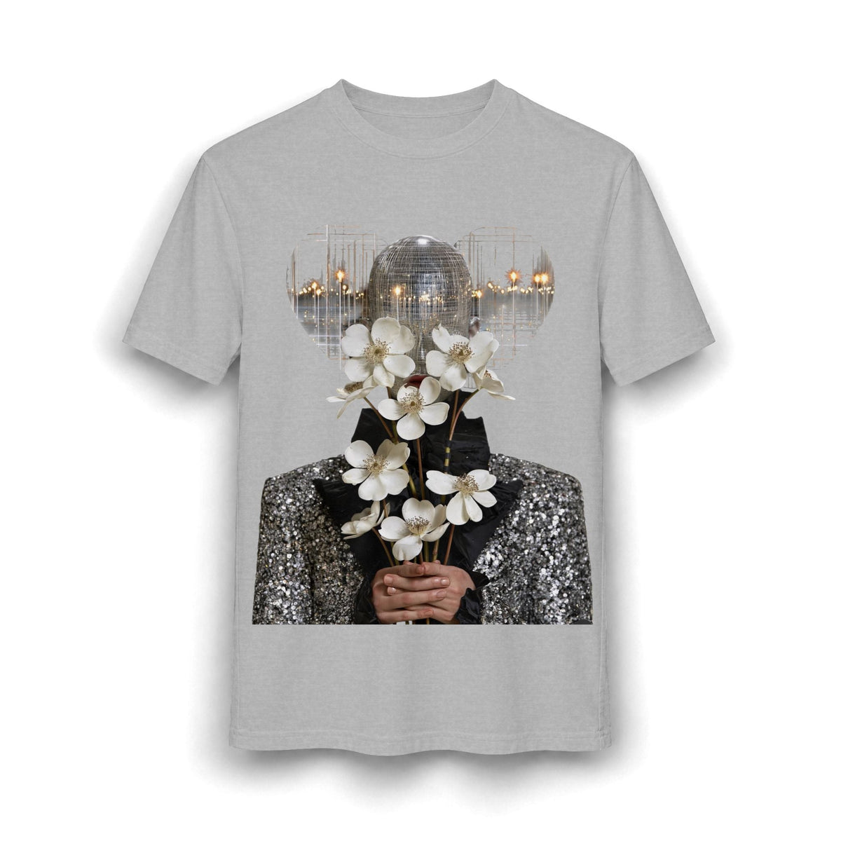 PURETE grey cotton blend t-shirt featuring a graphic print of a disco ball head holding white flowers.