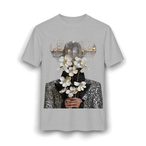 PURETE grey cotton blend t-shirt featuring a graphic print of a disco ball head holding white flowers.