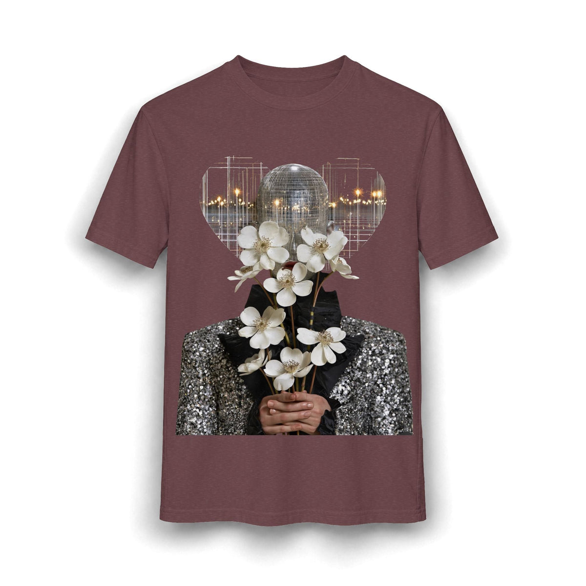 PURETE relaxed-fit maroon cotton-blend tee featuring a graphic of a disco ball head holding white flowers.