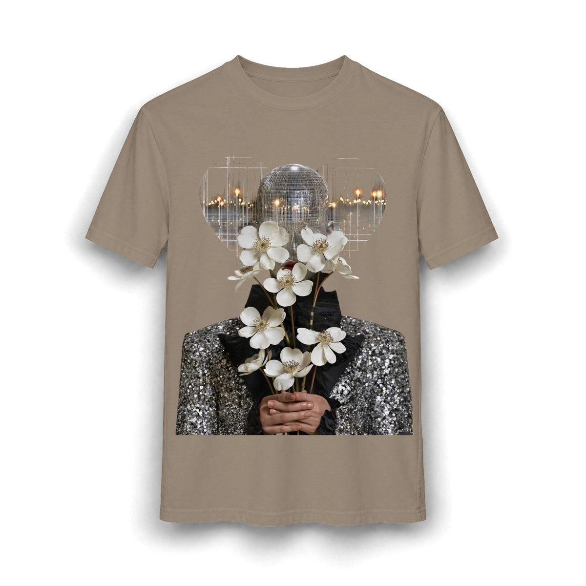 PURETE relaxed-fit heather brown cotton-blend tee featuring a graphic of a disco ball head holding white flowers.