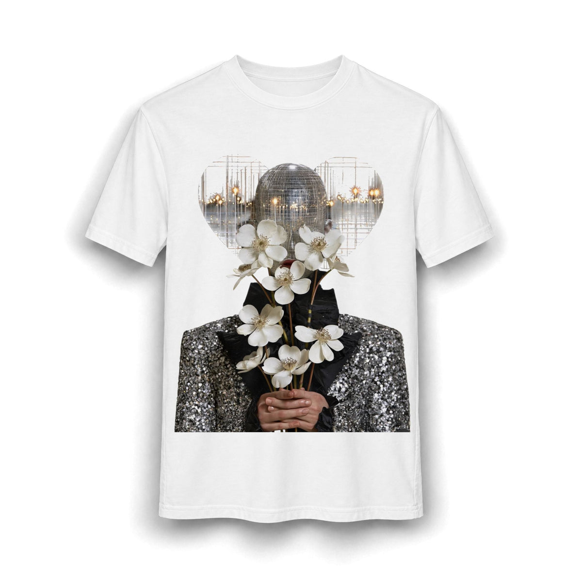 PURETE white cotton blend tee featuring a graphic of a disco ball head holding a bouquet of white flowers.