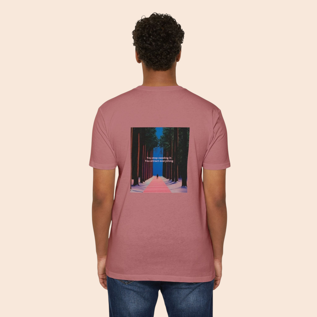 A model wearing a PURETE dusty pink cotton-blend t-shirt with a forest pathway graphic on the back.