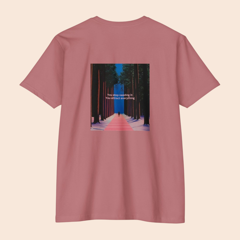PURETE dusky pink cotton blend t-shirt featuring a back graphic of a forest pathway and motivational text.