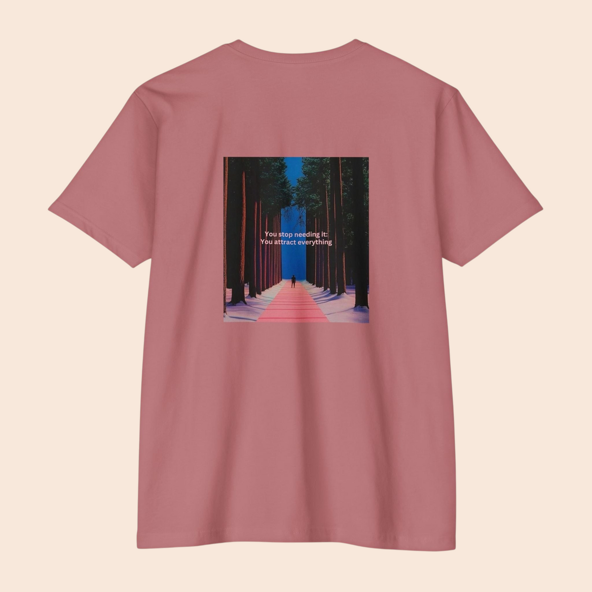 PURETE dusky pink cotton blend t-shirt featuring a back graphic of a forest pathway and motivational text.