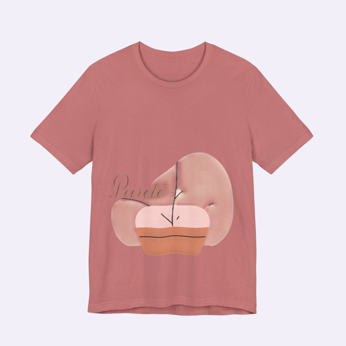 PURETE unisex jersey short sleeve tee in dusty rose with a minimalist abstract plant graphic on the front.