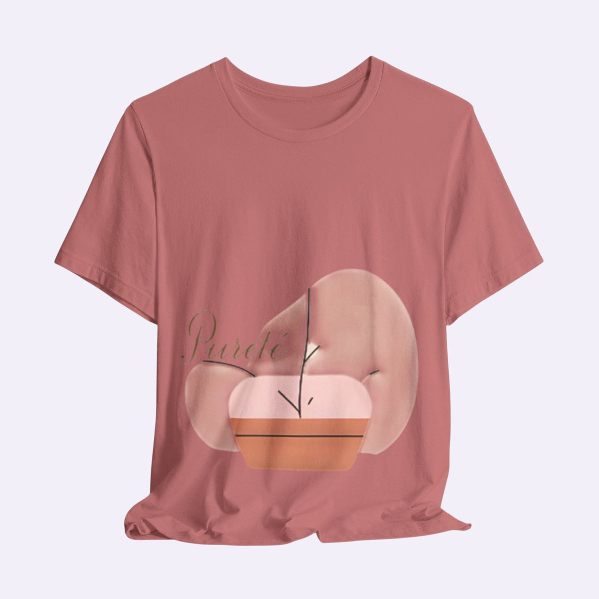 PURETE unisex jersey short sleeve tee in dusty rose with a minimalist abstract plant graphic on the front