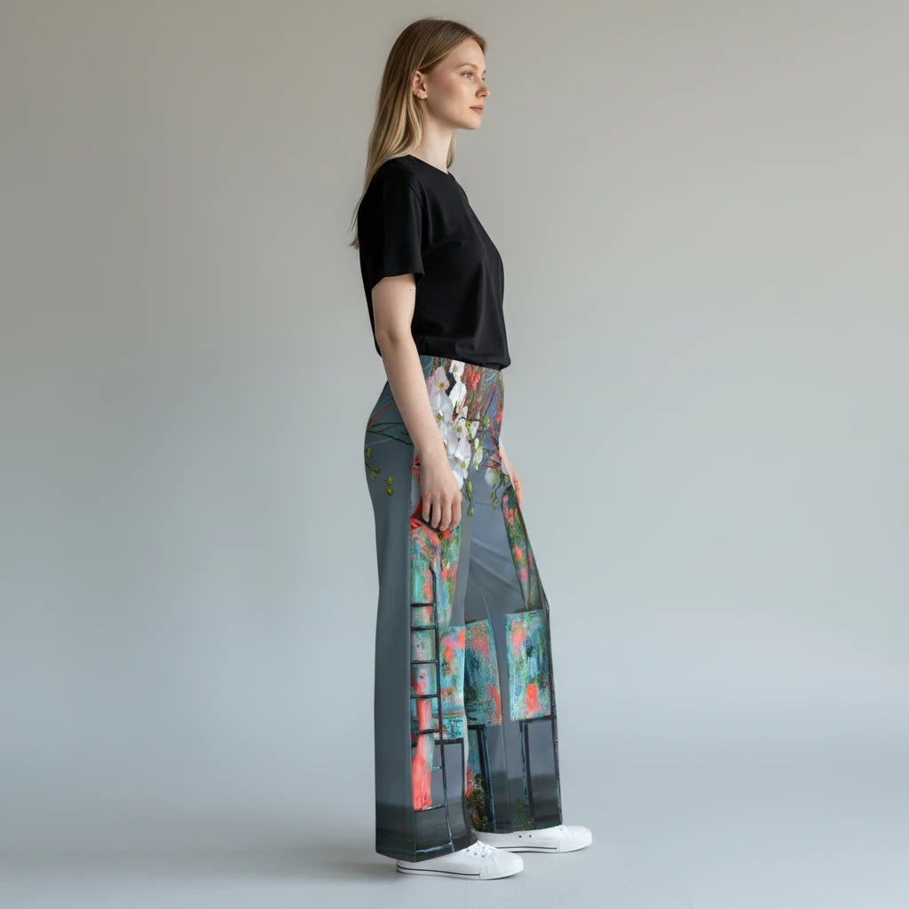 A woman wearing PURETE pajama pants with a vibrant abstract floral print and a black t-shirt, side view.