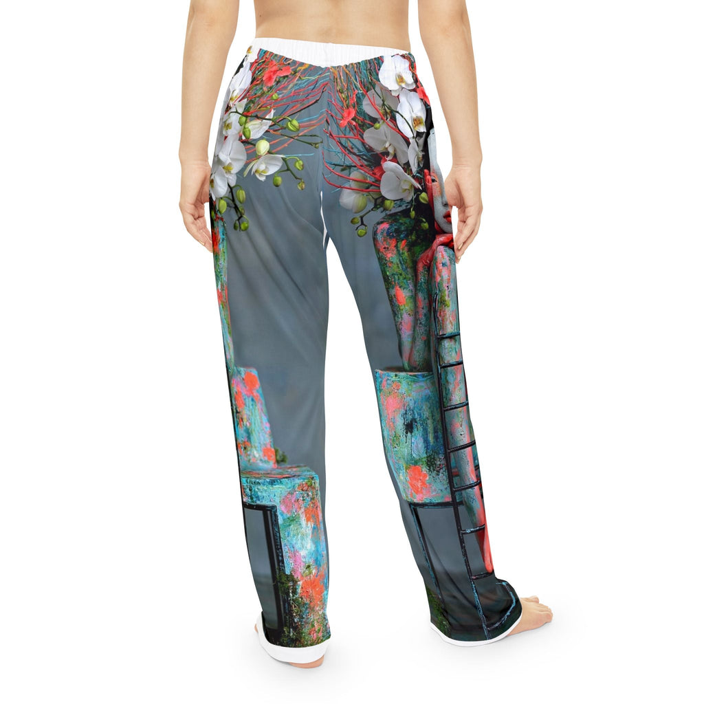 PURETE women's pajama pants featuring a vibrant floral and abstract ladder print on soft brushed polyester fabric