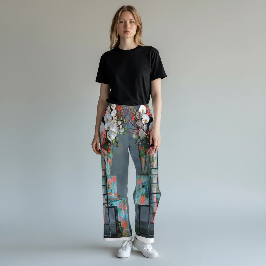 A woman wearing PURETE pajama pants with a vibrant floral and abstract print, paired with a black t-shirt.
