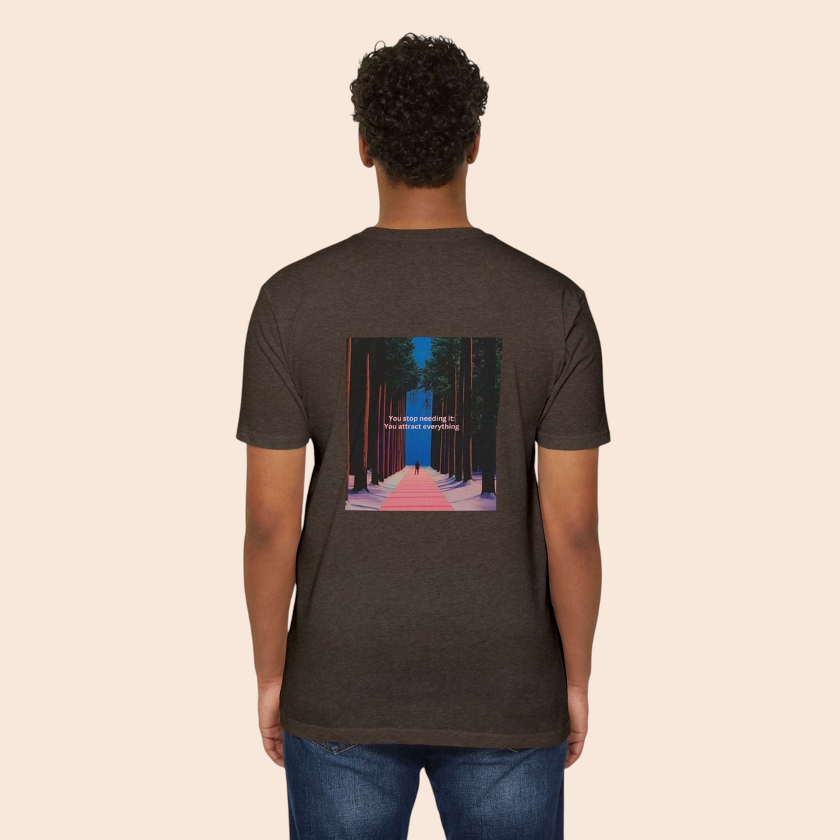 PURETE charcoal cotton blend t-shirt featuring a back graphic of a forest pathway and motivational text