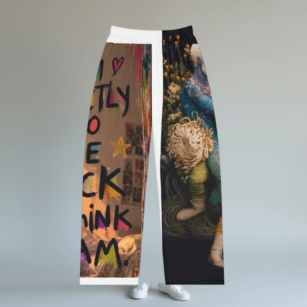 PURETE women's pajama pants featuring a split design with colorful graphic art prints on soft brushed polyester fabric.