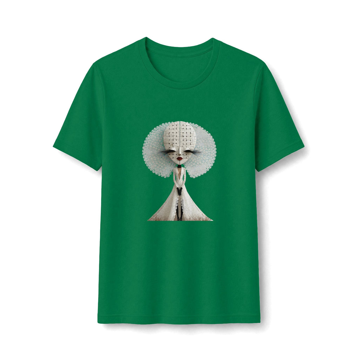 PURETE green fitted graphic t-shirt featuring an ethereal stylized woman with a sculptural white halo design