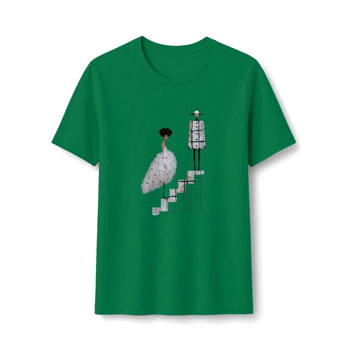 PURETE green fitted graphic tee featuring a whimsical illustration of a ballet couple on stairs.