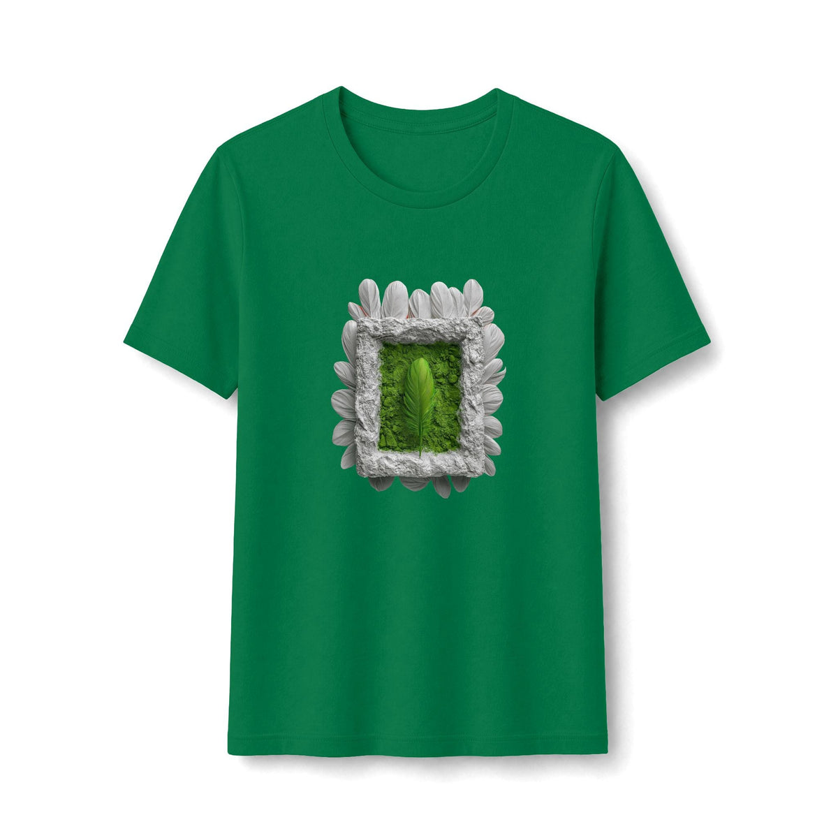 PURETE green fitted women's tee featuring a central graphic of a green feather inside a white petal-like frame.