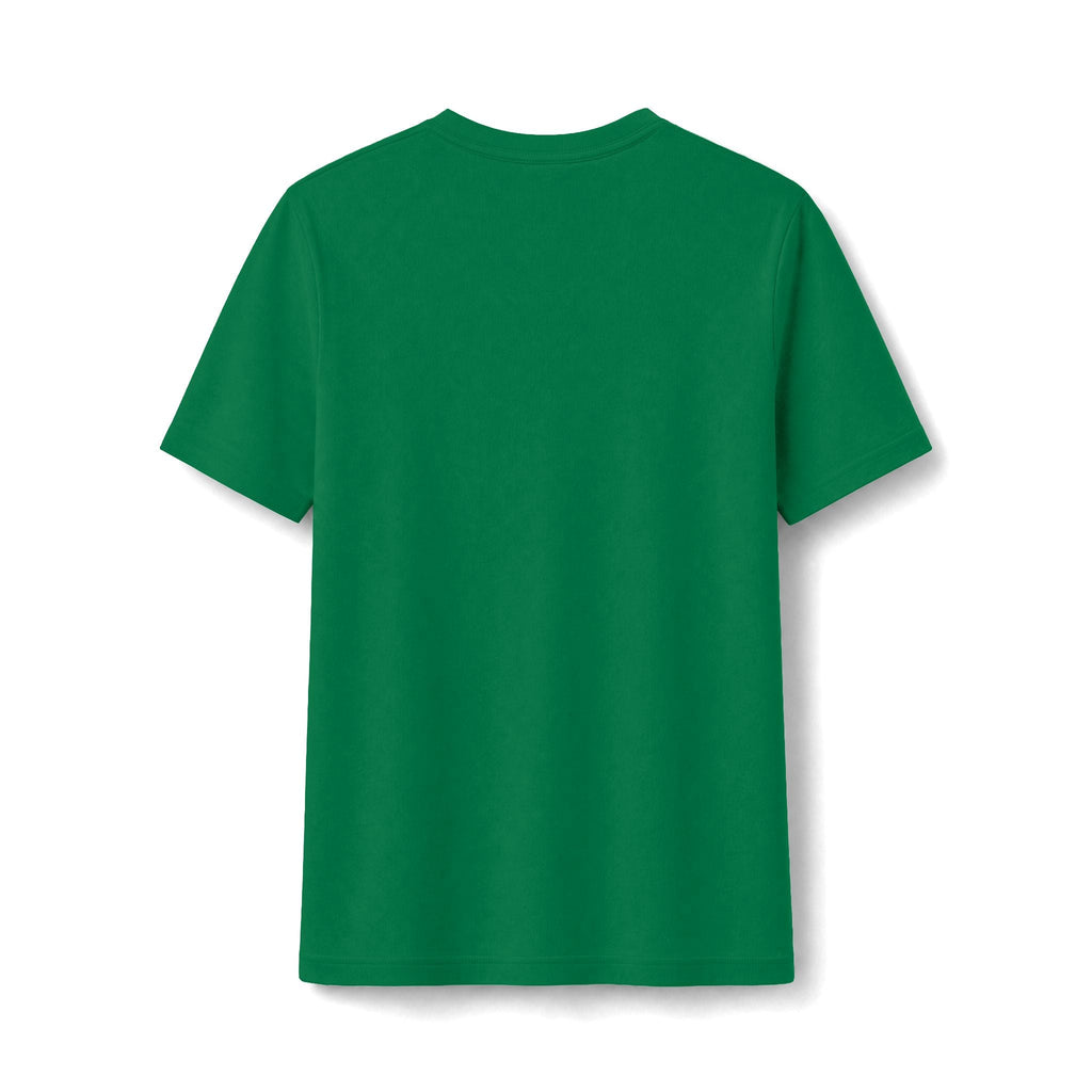 PURETE green short-sleeve fitted t-shirt, back view, made from soft cotton-poly blend fabric.