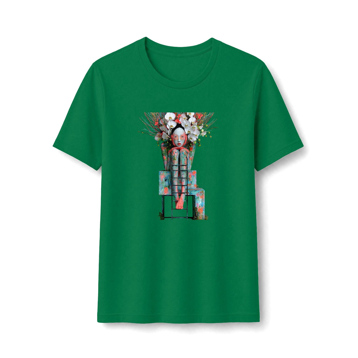 PURETE green fitted women's graphic t-shirt featuring a floral robot art print on the front