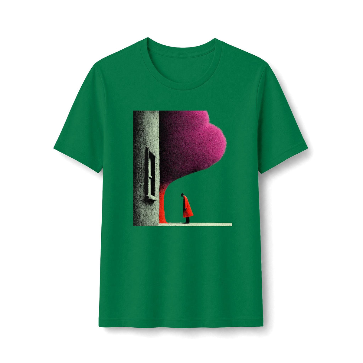 PURETE green graphic tee featuring a minimalist illustration of a figure in a red cloak by an arched doorway.