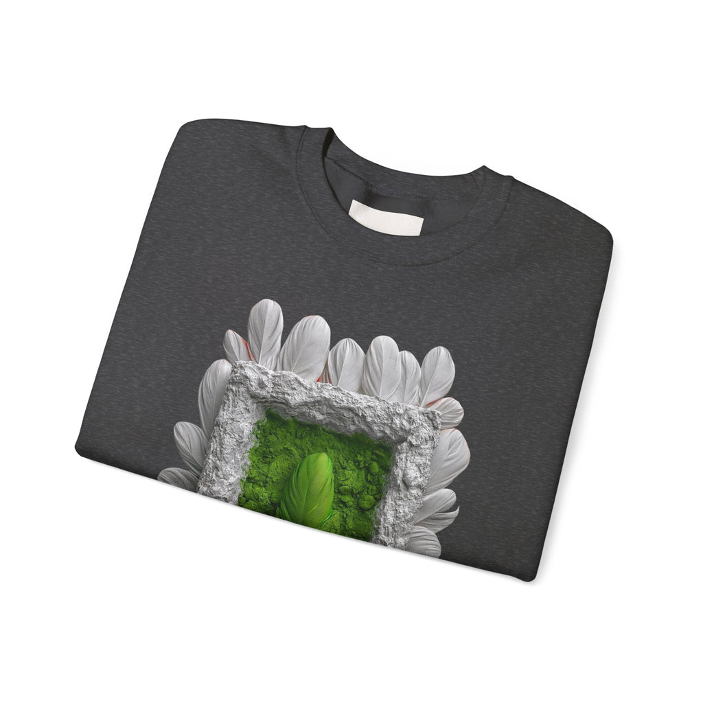 PURETE crewneck sweatshirt in dark grey featuring a graphic of a green portal framed by white feathers.
