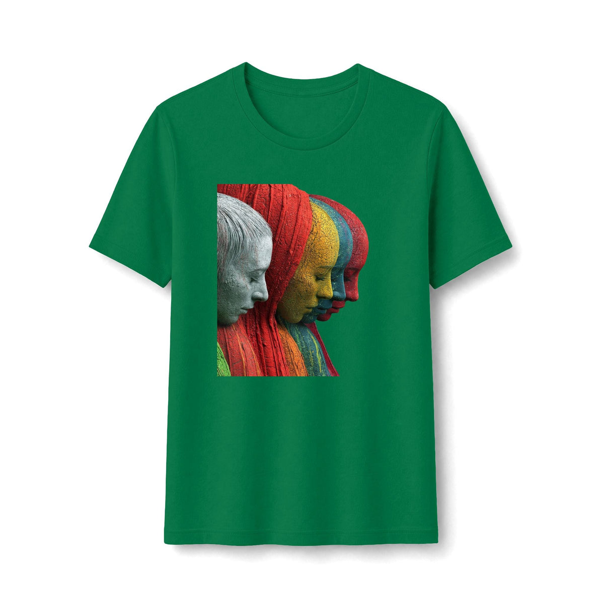 PURETE green fitted t-shirt featuring a colorful layered portrait graphic of sculptural faces in red, yellow, and blue.