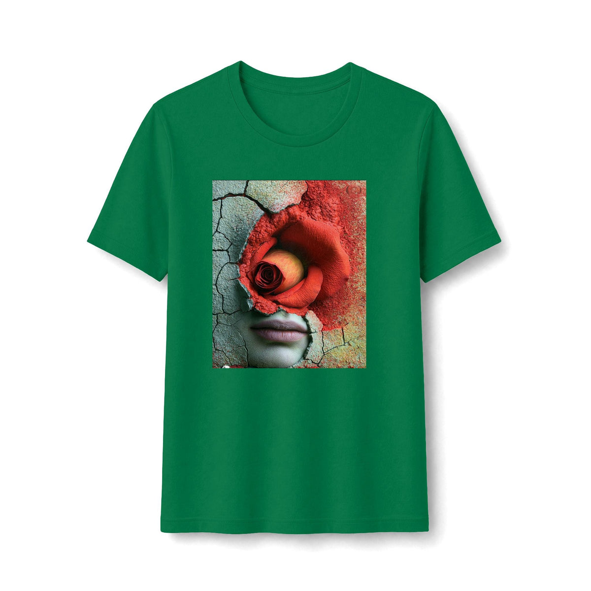 PURETE green fitted graphic t-shirt featuring a surreal red rose and cracked face art print on the front.
