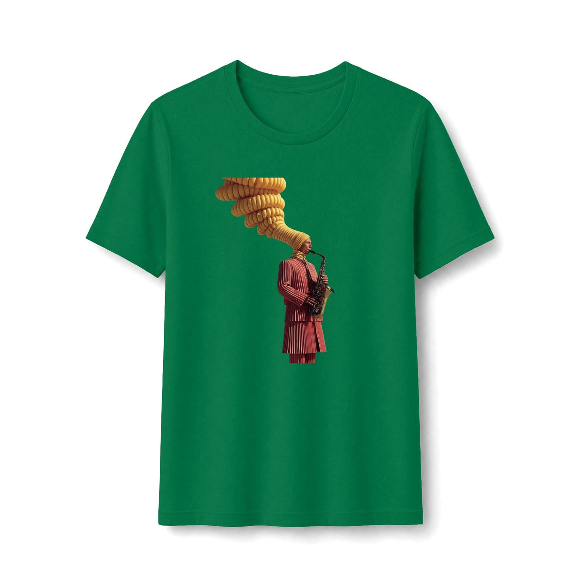 PURETE green women's tee featuring a vintage graphic of a saxophonist in a red suit with golden musical notes.