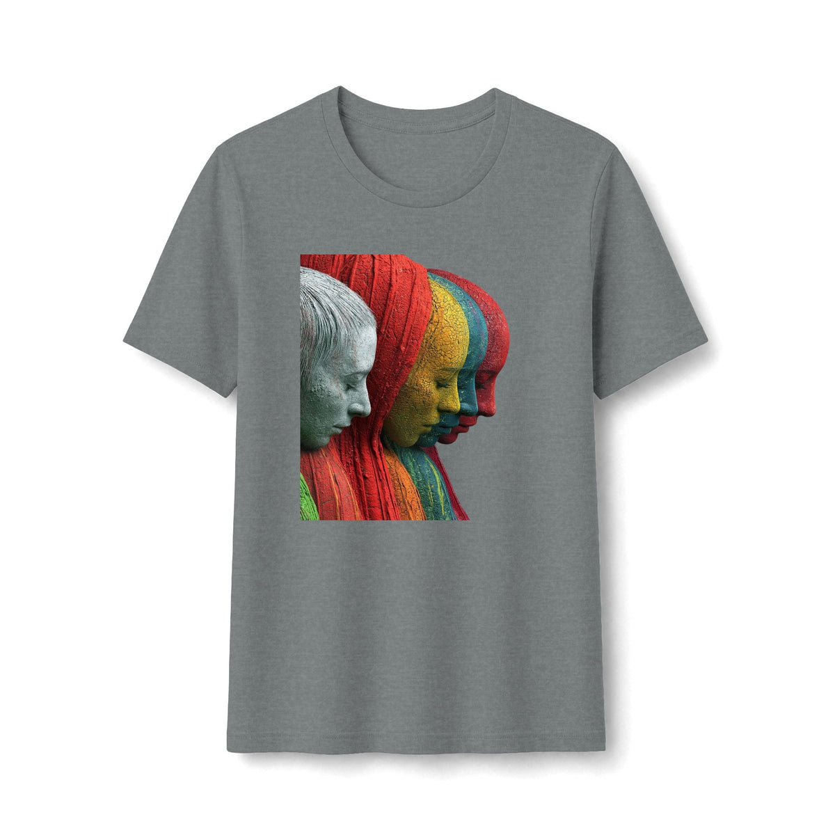 PURETE grey fitted t-shirt featuring a vibrant graphic print of colorful layered sculptural faces.