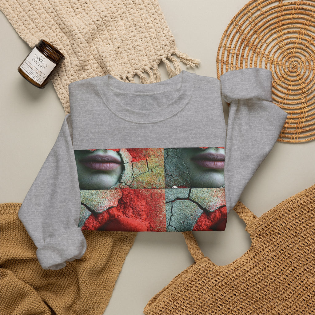 PURETE grey crewneck sweatshirt featuring a surreal artistic print of a red rose and face on a neutral background