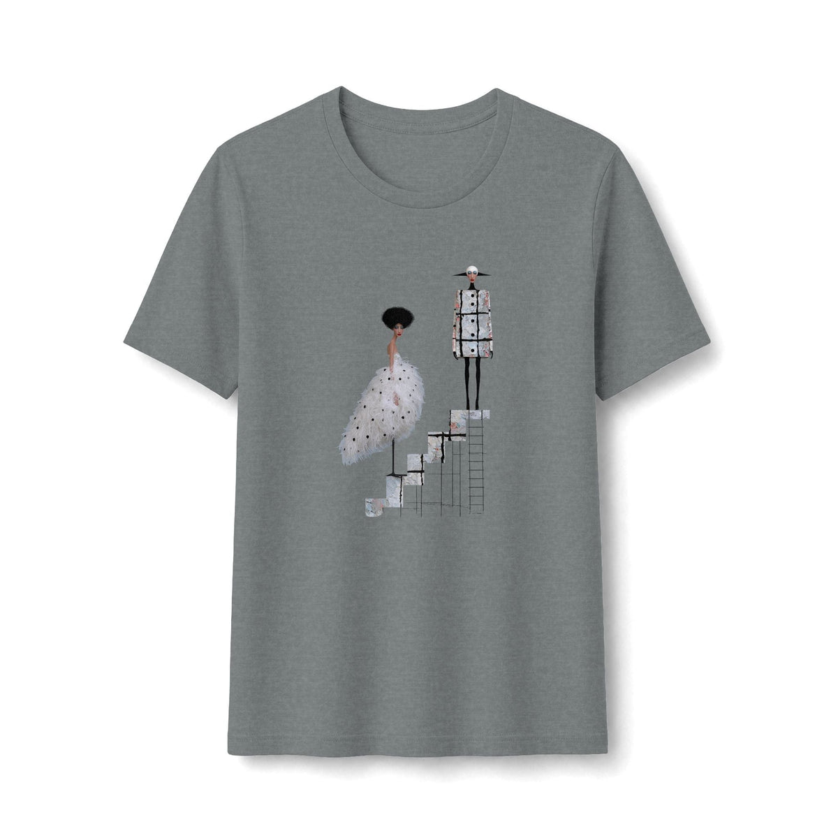 PURETE grey fitted graphic tee featuring a whimsical ballet couple illustration on stairs, soft cotton-poly blend.