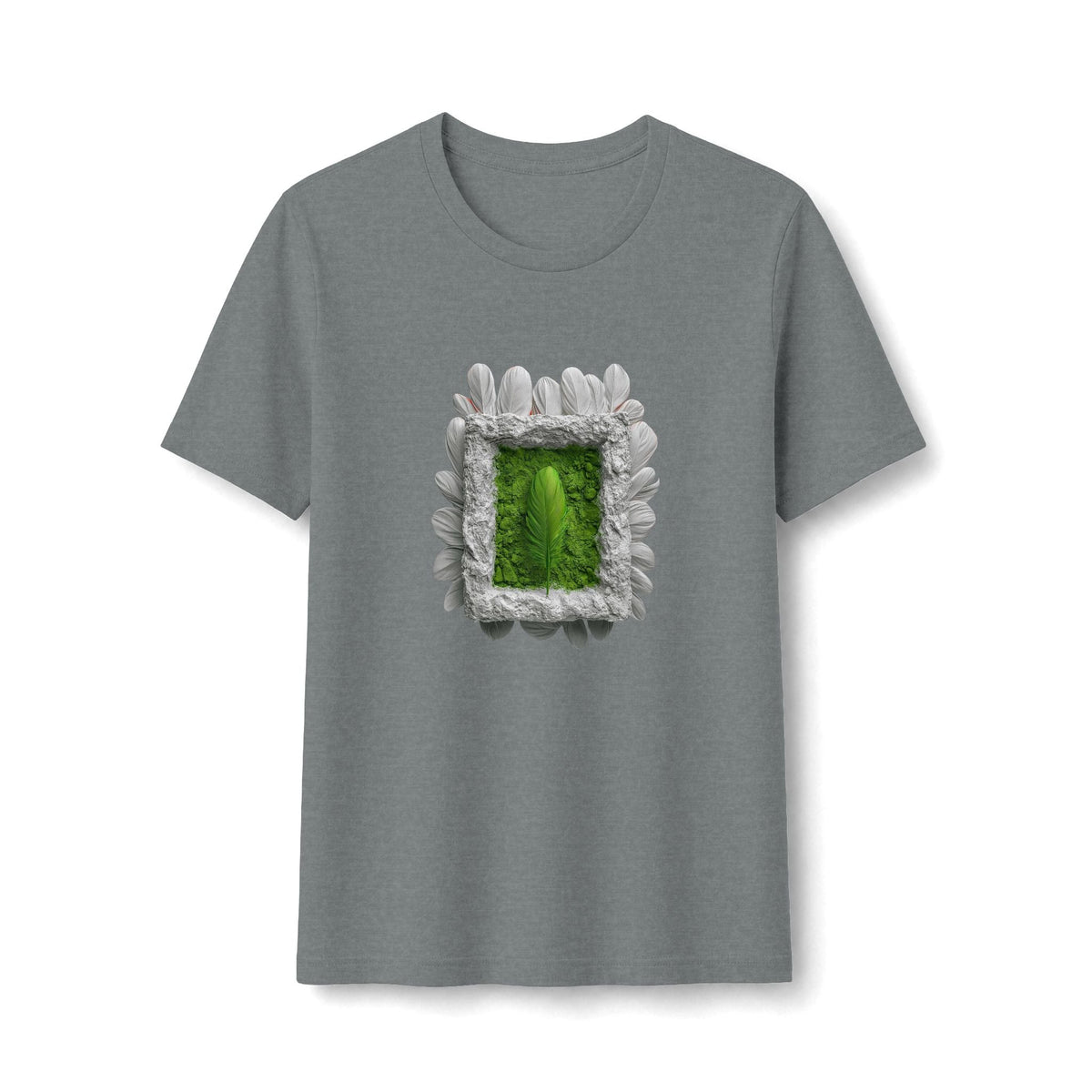 PURETE women's grey fitted tee featuring a central graphic of a green leaf inside a textured white petal frame.