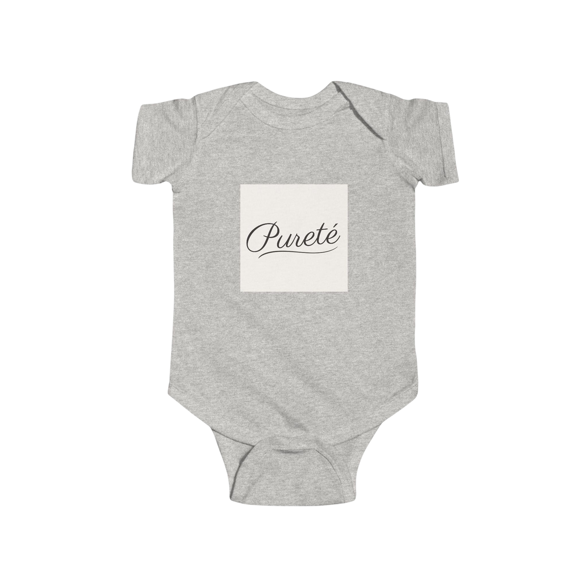 PURETE grey infant bodysuit in soft cotton with a delicate black script print on the chest and envelope neckline.