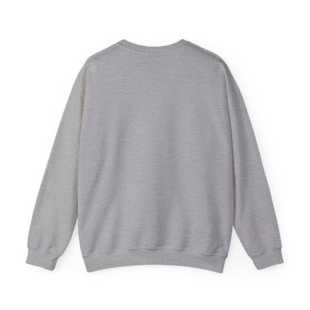 Back view of a PURETE grey crewneck sweatshirt in a soft cotton-poly blend with ribbed cuffs and hem.