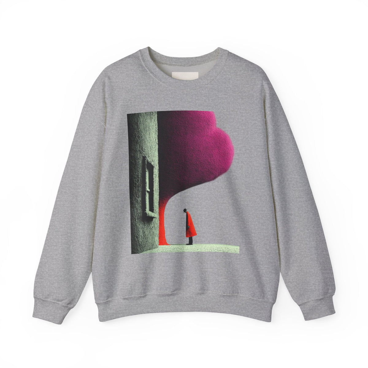 PURETE grey crewneck sweatshirt featuring a surreal graphic print of a person in a red coat standing by a wall.