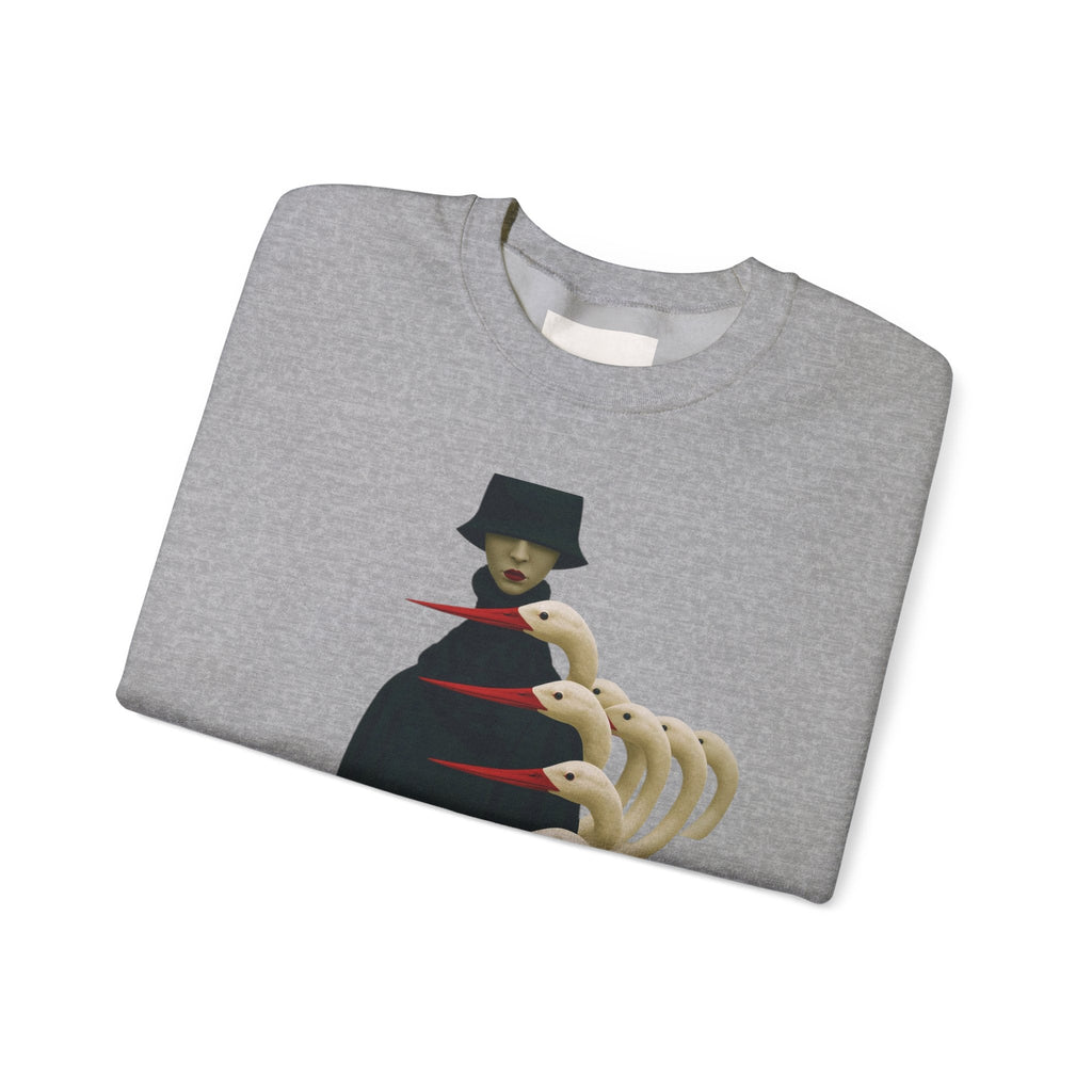 PURETE grey crewneck sweatshirt featuring a surreal graphic of a cloaked figure with bird-like skeletal hands
