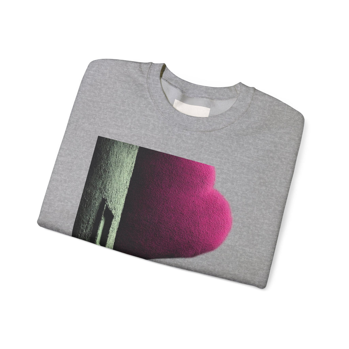PURETE grey crewneck sweatshirt with a vibrant pink and green abstract graphic print on the chest, folded flat.