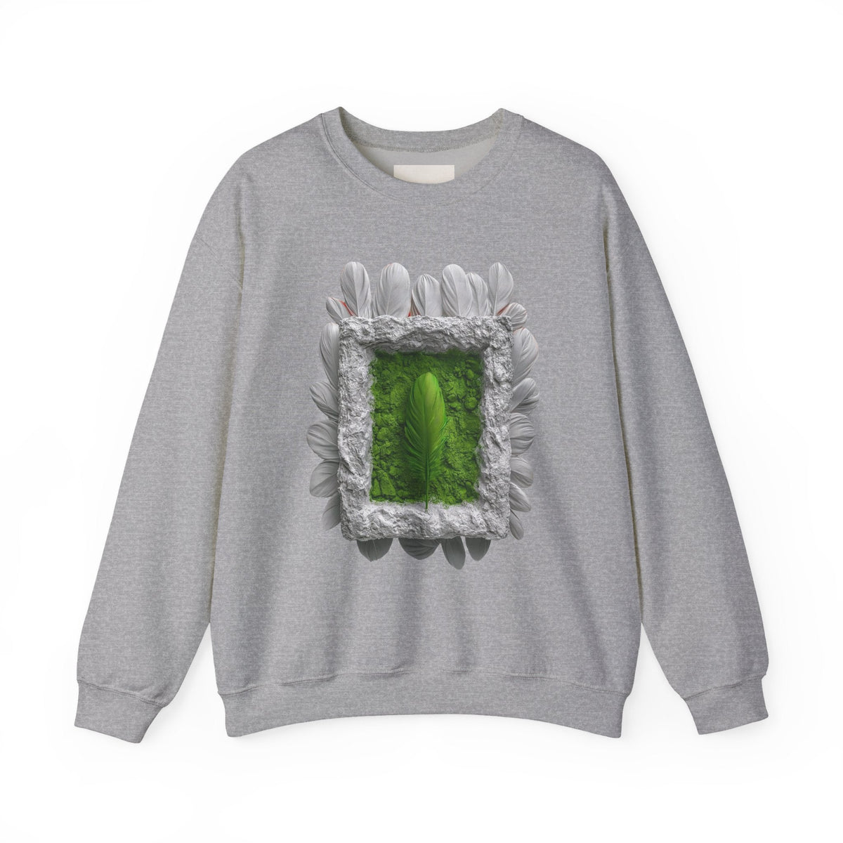PURETE grey crewneck sweatshirt featuring a graphic of a green feather inside a textured frame with white feathers.