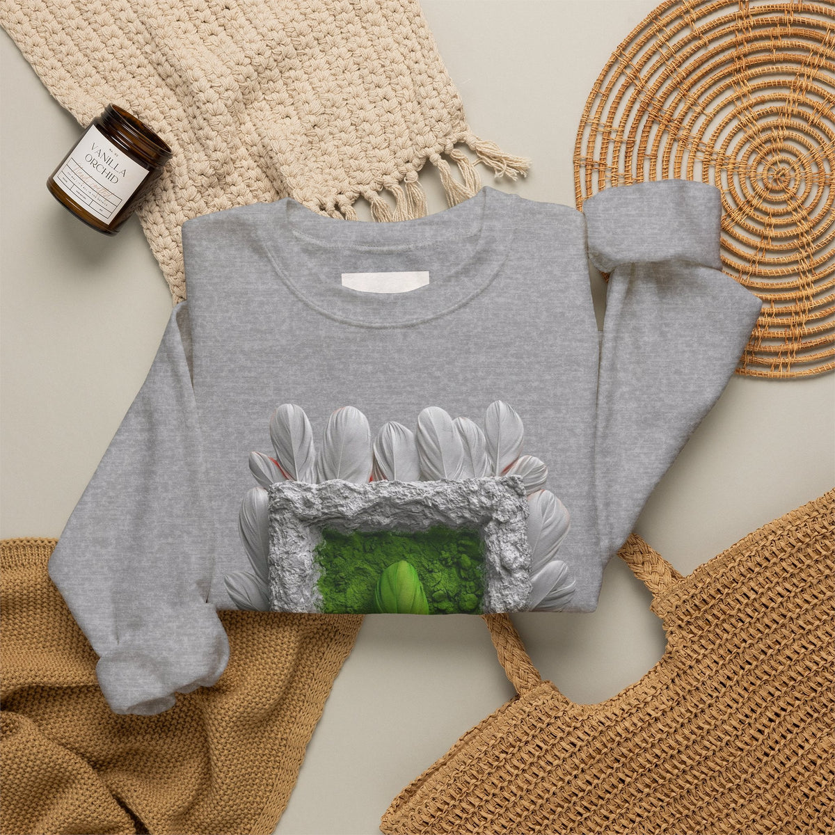 PURETE grey crewneck sweatshirt featuring a green portal art design with feathered frame, laid flat on neutral background