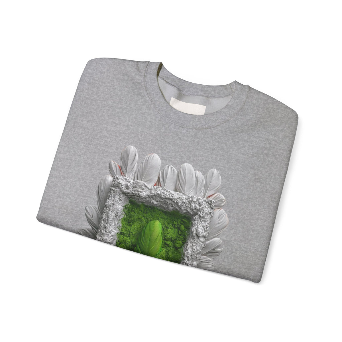 PURETE grey crewneck sweatshirt featuring a green portal graphic framed by white feathers on a folded garment.