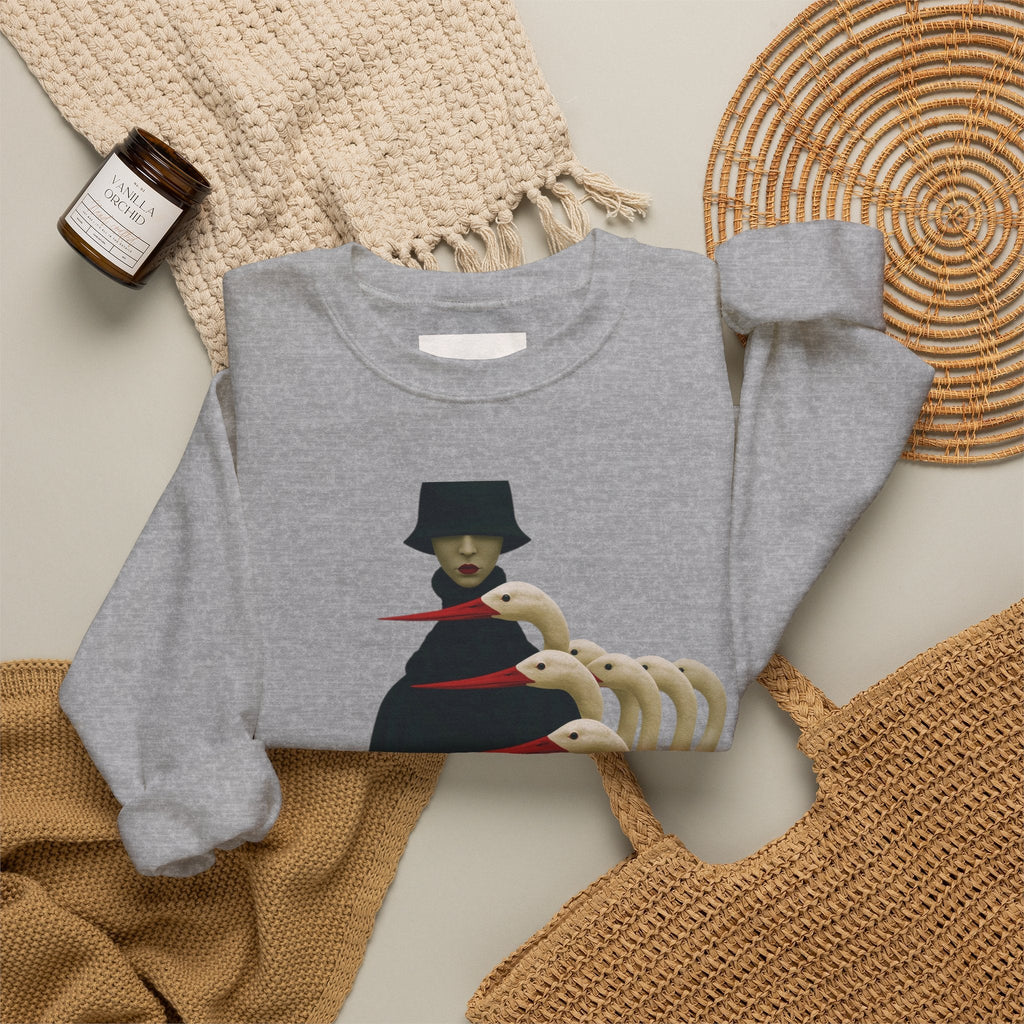 PURETE grey crewneck sweatshirt featuring a surreal graphic of a cloaked figure with goose heads, laid on a neutral background.