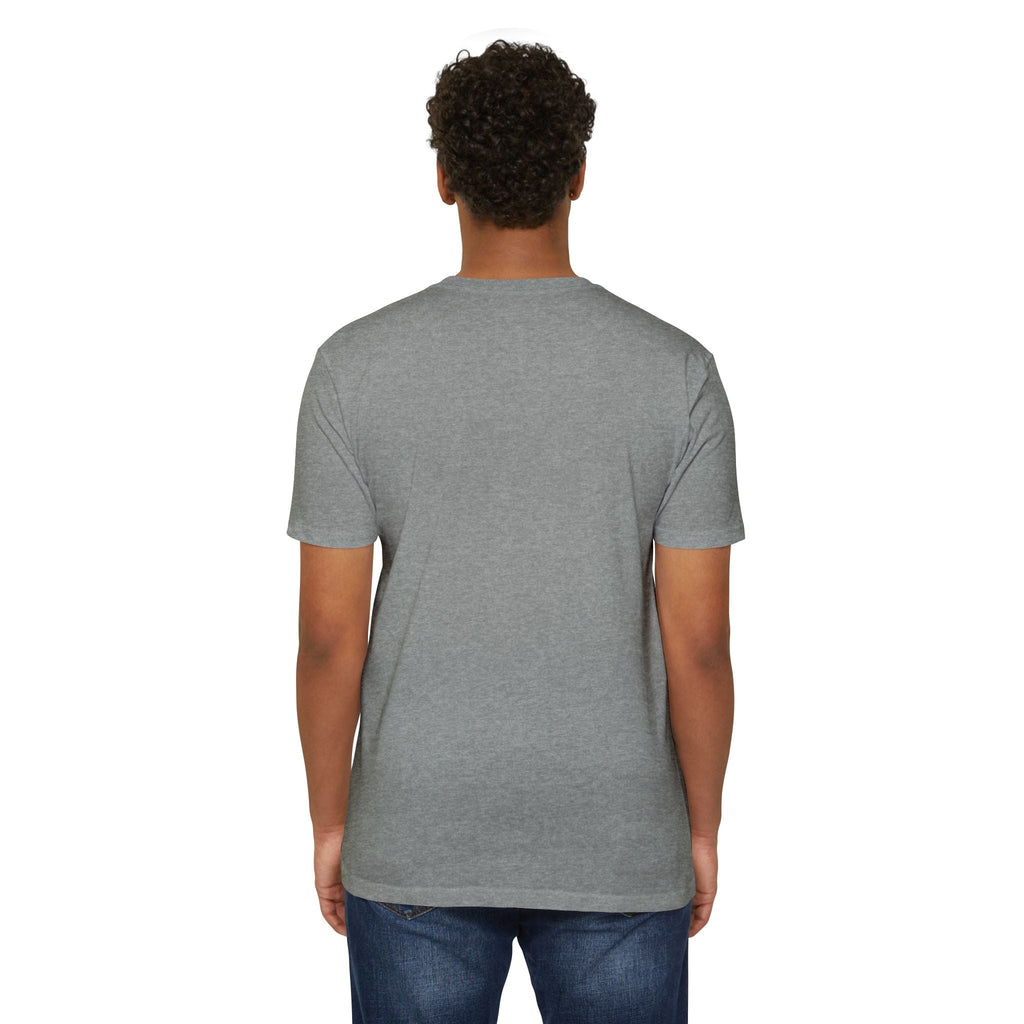 Back view of a person wearing a PURETE grey unisex CVC jersey t-shirt made from a soft cotton-poly blend.