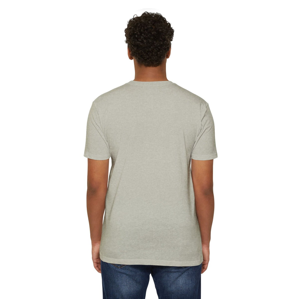 Back view of a person wearing a PURETE grey heather CVC jersey t-shirt with a classic fit and short sleeves.
