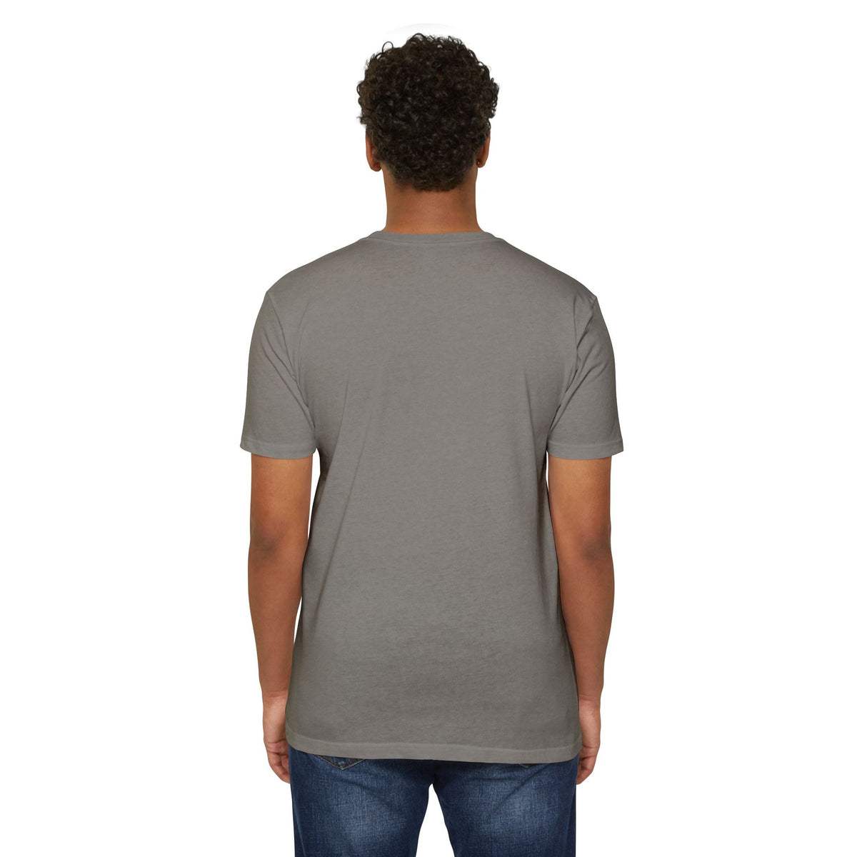 Back view of a person wearing a PURETE grey unisex CVC jersey t-shirt with a classic fit and short sleeves.