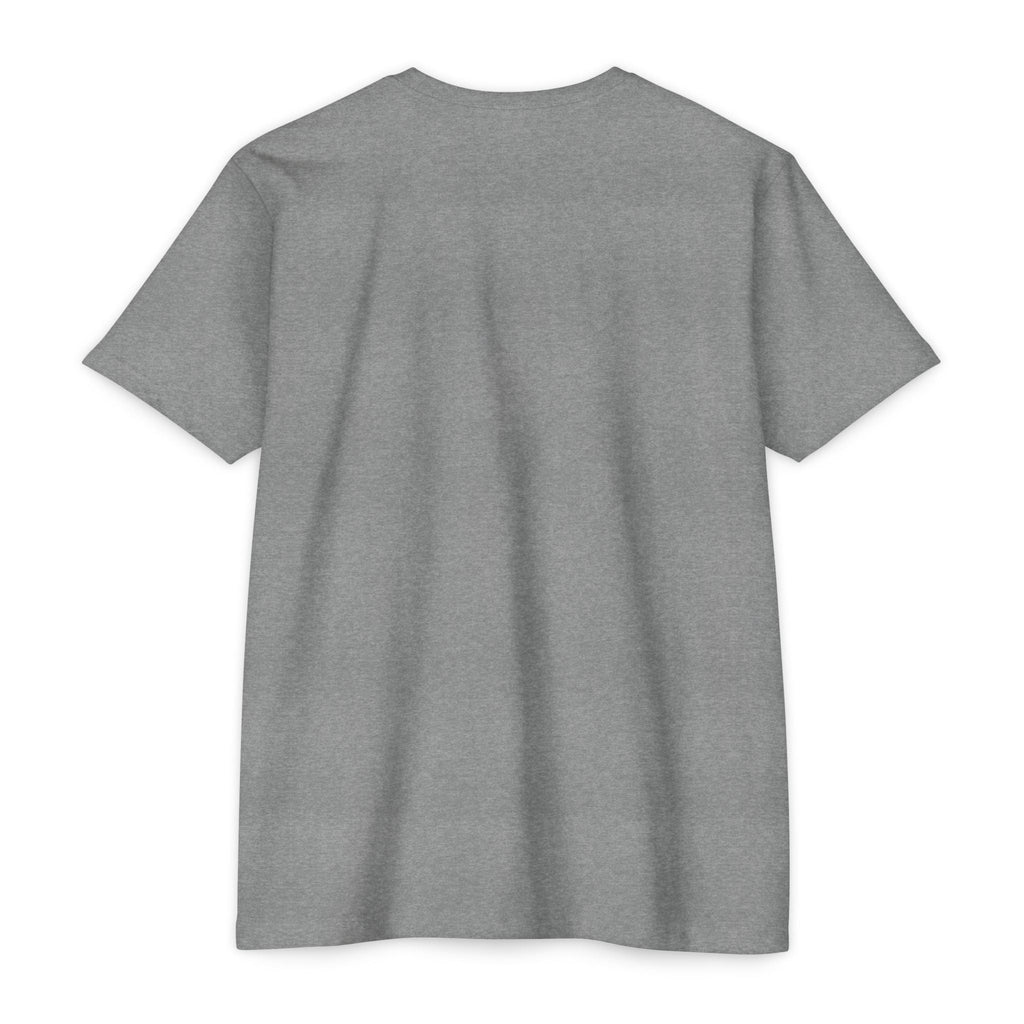 Back view of a PURETE unisex grey CVC jersey t-shirt made from a lightweight cotton-poly blend with a classic fit.